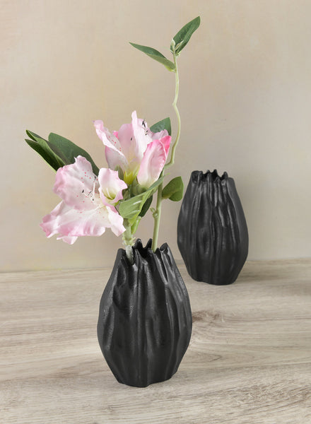 5in Tall Aluminum Cosmos Black Bark Look Mini Vase, Set of 2