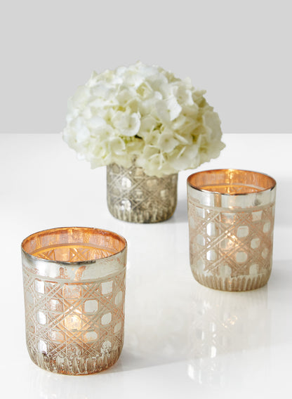 4in Tall Vintage Mercury Glass Caning Cylinder Decor Jamali Garden
