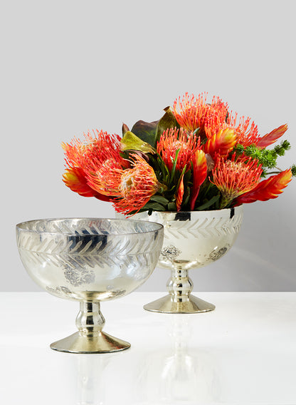 6.5in Tall Etched Leaf Vintage Mercury Glass Bowl Decor Jamali Garden