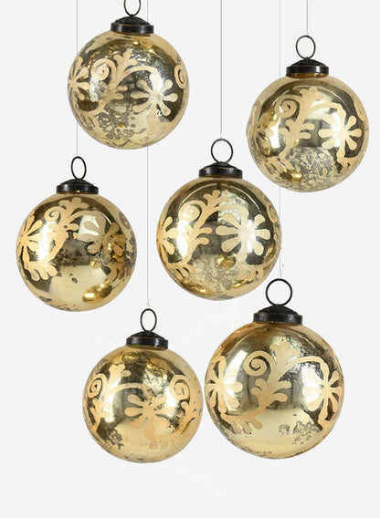 3in Round Etched Classic Glass Ornament Ball, Set of 6 Decor Jamali Garden