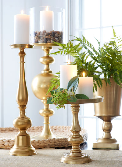 Jamali brass pillar candle holders with fern