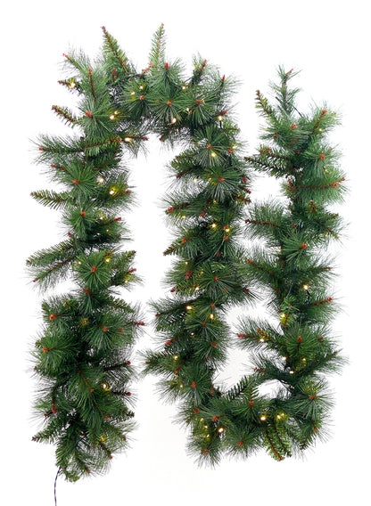 9ft Long Pine Needle Garland with Warm White 100 L.E.D. Lights Decor Jamali Garden