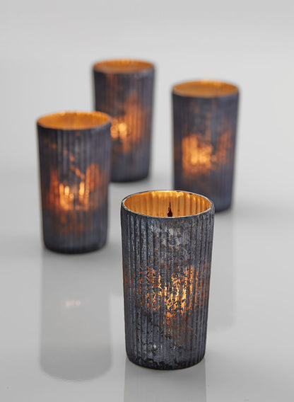 5in Tall Platinum Ribbed Glass Votive Holder, Set of 4 Decor Jamali Garden