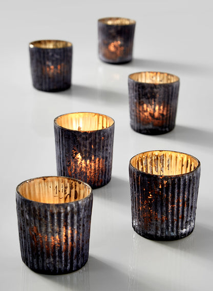 2.5in Tall Platinum Grey Ribbed Glass Votive Holder, Set of 6 Decor Jamali Garden