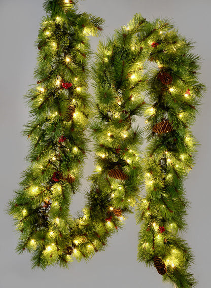 9ft Long Pine Garland With 150 LED Lights, Pine Cones &amp; Berries Decor Jamali Garden