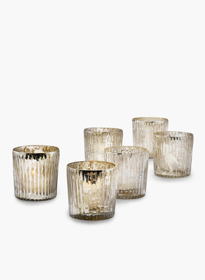 2.5in Tall Ribbed Antique Silver Votive Glass Holder, Set of 6 Decor Jamali Garden