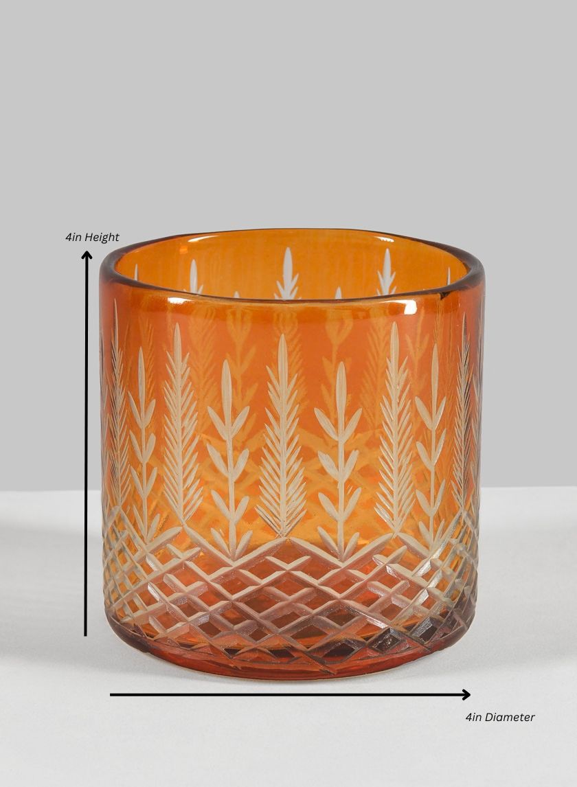 Almira Palm Amber Cut Work Cylinder Glass Candleholder