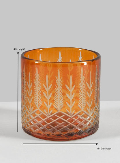 Almira Palm Amber Cut Work Cylinder Glass Candleholder